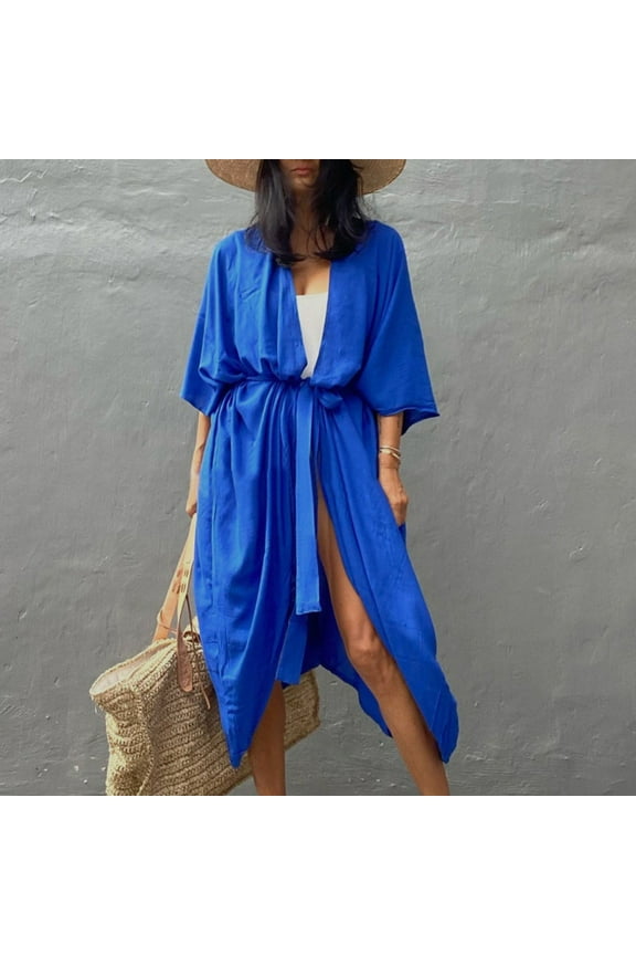 Swimsuit Cover Up Plus Size 4x Womens UPF 50+ Cover-Up Shirt Dress with Belt Beach Sun Protection Long Sleeve Shirts Dress Lightweight Kimono Cardigans Blue One Size