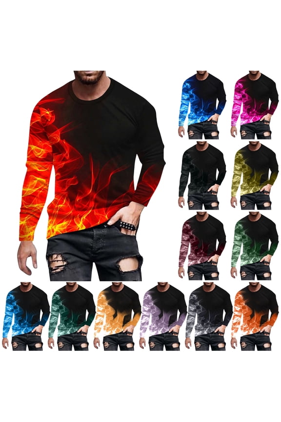 T-Shirts for Men Long Sleeve 3D Flame Print Graphic Tees Sport Casual Pullover Tee Shirts Lightweight Crewneck Blouses Tops Orange XXL