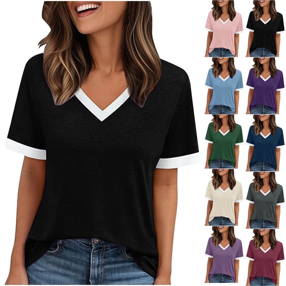 DDAPJ pyju T-Shirts for Women Color Block V Neck Short Sleeve Tops Summer Casual Workout Shirts Navy M
