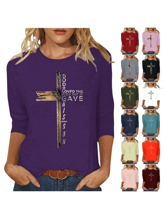 T-shirts for Women 3/4 Sleeve Christian Religious Cross Graphic Tee Tops Fashion Casual Loose Fit Crewneck Blouses Light Blue XL
