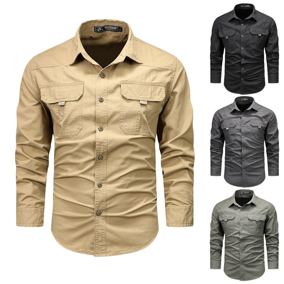 DDAPJ pyju Tactical Cargo Shirts for Men Long Sleeve Quick Dry Work Shirts Outdoor Cool Button Down Hiking Fishing Casual Shirt Khaki M