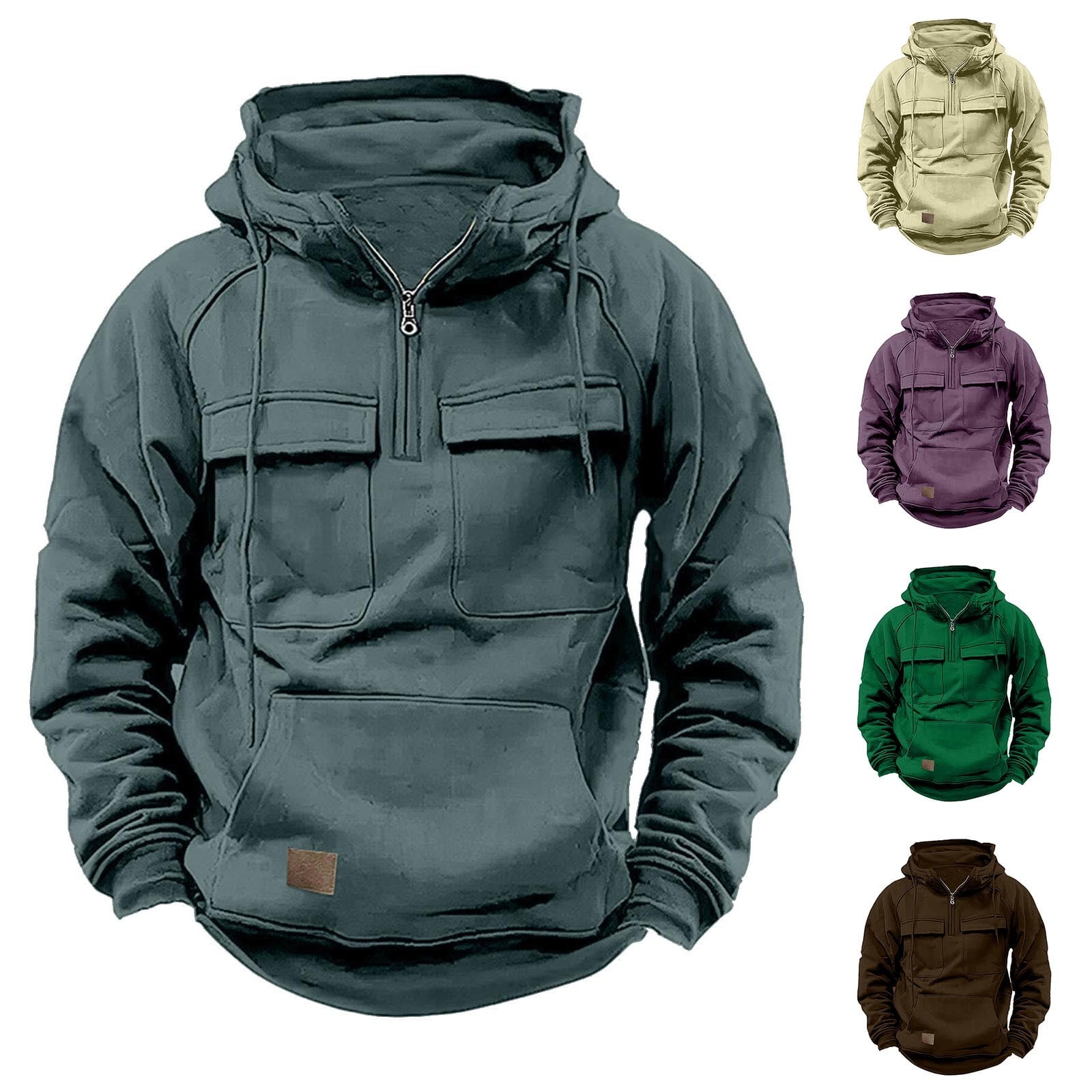 DDAPJ pyju Men Tactical Sweatshirt Quarter Zip Cargo Pullover Hoodies Workout Gym Sports Outdoor Jackets Hooded Sweatshirts with Pocket Limited Time