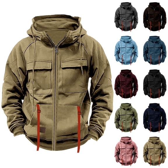 DDAPJ pyju Tactical Sweatshirt for Men Zip Up Hoodies Vintage Casual Long Sleeve Cargo Hoodie Coat with Pockets Army Green M