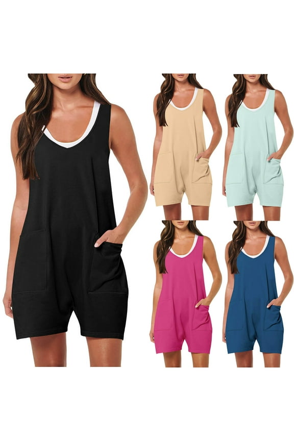 Tank Rompers for Women Summer Sleeveless Wide Leg Shorts Jumpsuits Solid Casual Loose Short Overalls with Pockets Khaki S
