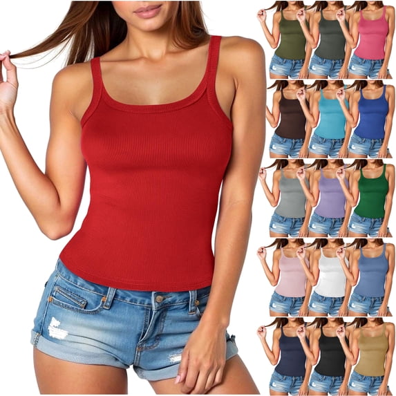 DDAPJ pyju Tank Top for Womens Summer 2026 Scoop Neck Sleeveless Ribbed Knit Workout Basic Tees Slim Fitted Cami Shirts Red XXXXL