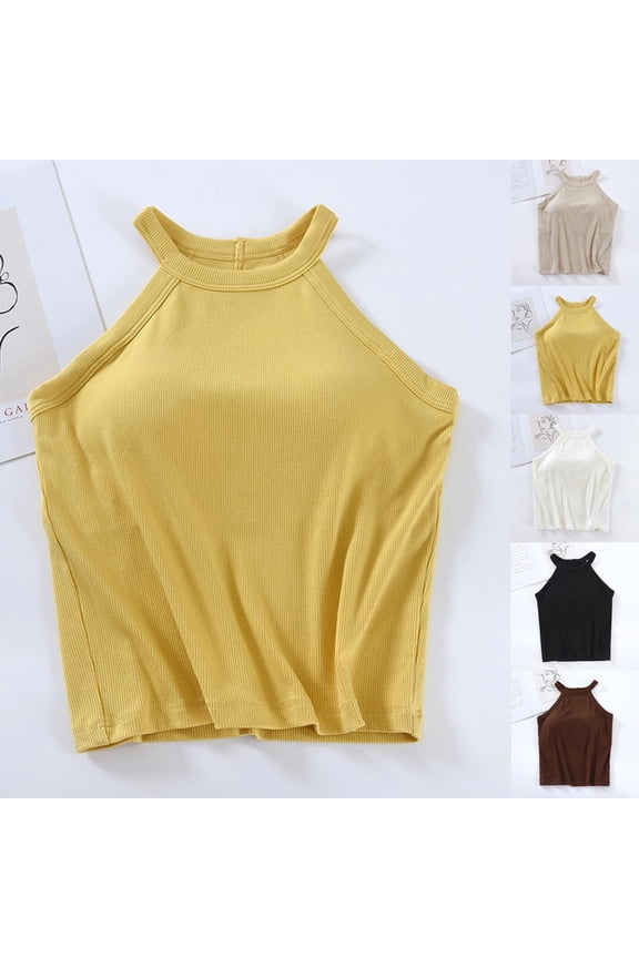 Tank Tops with Built in Bra for Women Sleeveless Racerback Ribbed Shirts High Neck Slim Fitted Crop Top on Sale Black M