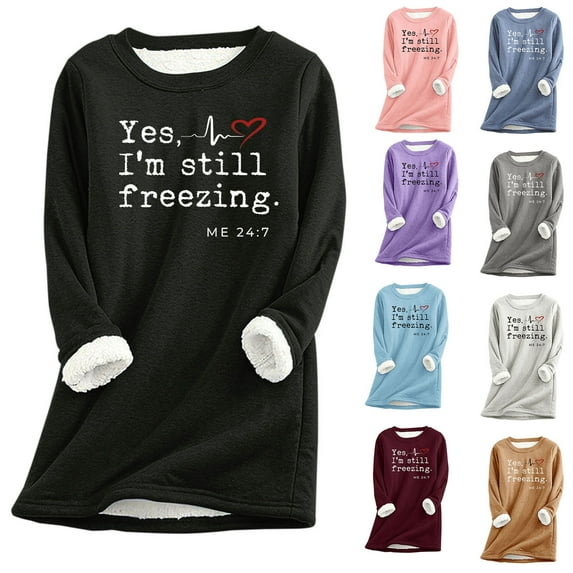 DDAPJ pyju Thermal Sweatshirt for Women Sherpa Lined Pullover Yes I'M Still Freezing Fleece Crewneck Sweatshirt Winter Warm Loungewear Tunic Tops Gray L