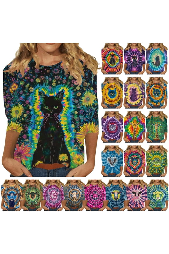 Tie Dye Animal T-shirts for Women Trendy Casual 3/4 Sleeve Crewneck Tops Loose Fit Mid-length Pullover Blouse Multicolor XXL