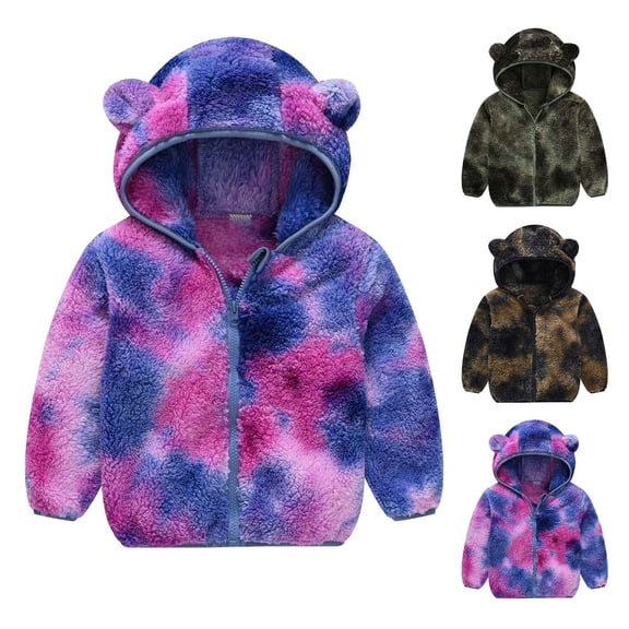DDAPJ pyju Toddler Baby Boys Girls Fleece Jackets Cute Bear Ear Hooded Coat Tie Dye Printed Long Sleeve Zip Up Hoodie Jacket Thick Warm Winter Coats Prime Big Deal Days Multicolor 6 Months