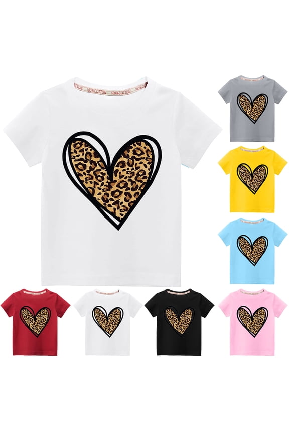 Toddler Boys Girls Valentine's Day T-Shirts Kids Casual Round Neck Leopard Heart Printed Graphic Tees Soft Cotton Short Sleeve Tee Tops Black 4 Years