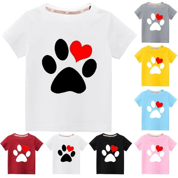 DDAPJ pyju Toddler Kids Boys Girls Cotton T-shirts Cute Dog Paw Heart Print Short Sleeve Crewneck Tee Tops Funny Graphic Tees White 9 Years