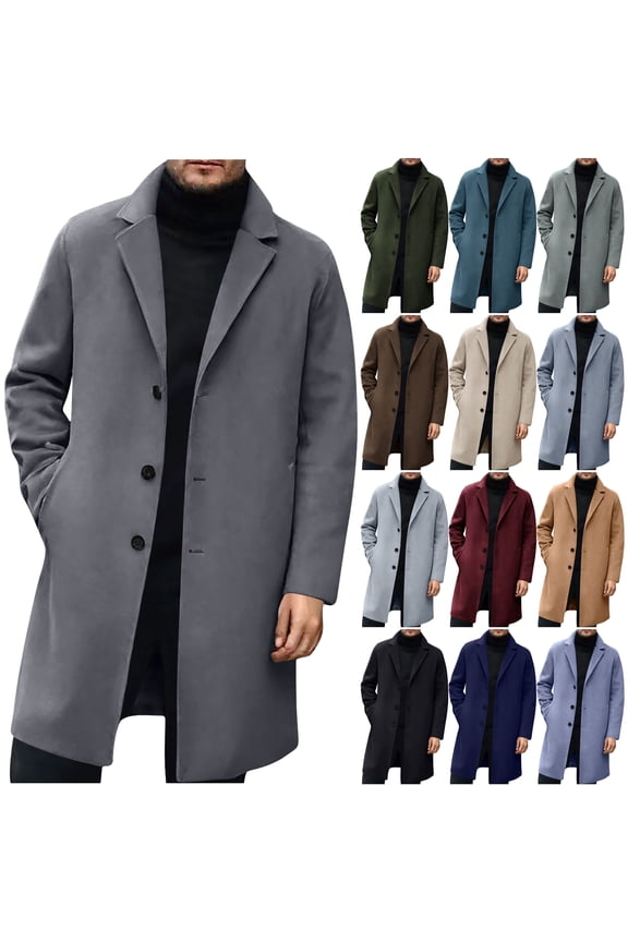 Trench Coat Men Wool Blend Pea Coat Notched Collar Single Breasted Overcoat Business Casual Winter Jacket with Pockets Navy L