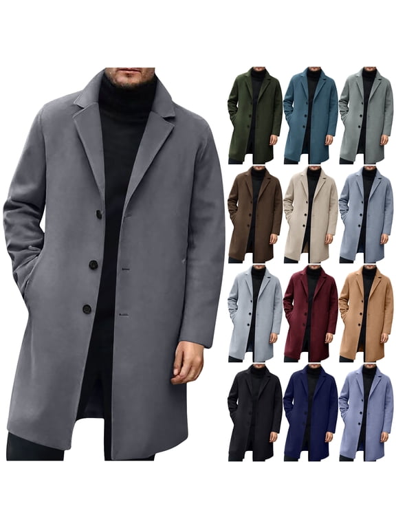 Trench Coat Men Wool Blend Pea Coat Notched Collar Single Breasted Overcoat Business Casual Winter Jacket with Pockets Navy L