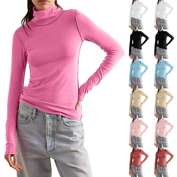 DDAPJ pyju Turtleneck Tops for Women Cotton Knitted Long Sleeve T-shirt Lightweight Pullover Sweater Stretch Fitted Thermal Top Today Hot Pink S