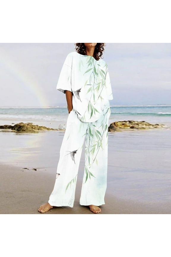 Two Piece Linen Set for Women Plus Size Loungewear Floral Printed Short Sleeve T-shirt and Wide Leg Pants Matching Sets Summer Casual Beach Outfits Pilates Yoga Tracksuits Blue XXL