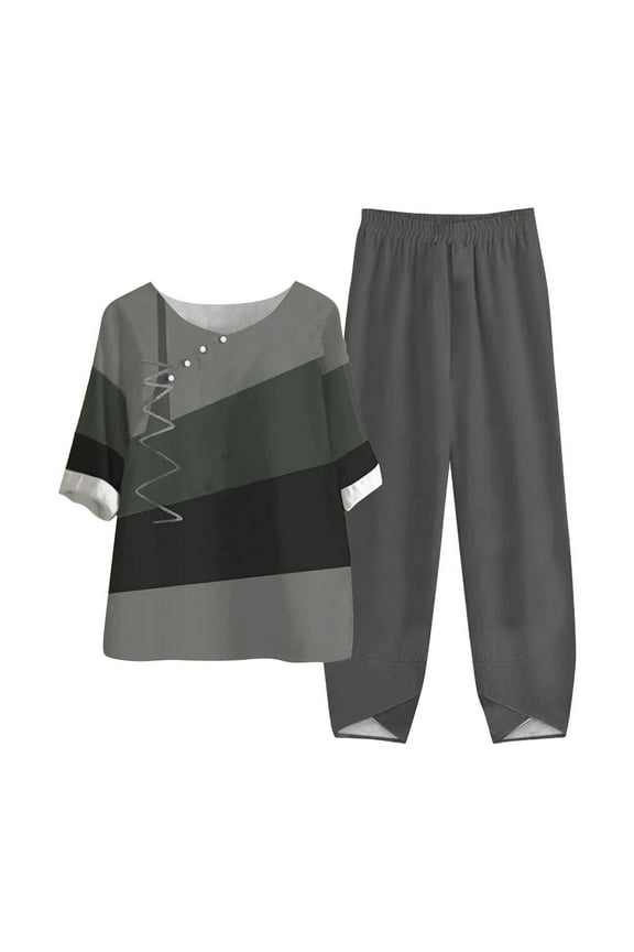 Two Piece Outfits for Women 2025 Trendy Printed Short Sleeve Blouse Tops Elastic Waist Long Pants Linen Sets Matching Loungwear Loose Comfy Casual Tracksuit