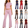 thumbnail image 1 of DDAPJ pyju Two Piece Sets for Women Matching Lounge Set Short Sleeve Crop Top Fold Over Flare Pants Travel Outfits Black S, 1 of 7