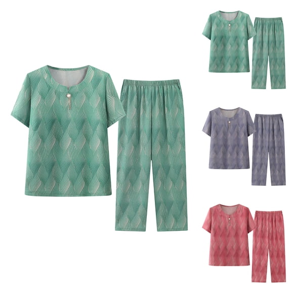 DDAPJ pyju Two Piece Summer Outfits for Women Plus Size Cotton Linen Sets Trendy Printed T Shirts and Wide Leg Pants Matching Set 2025 Resort Wear Ofertas de hoy Green XXXXXL