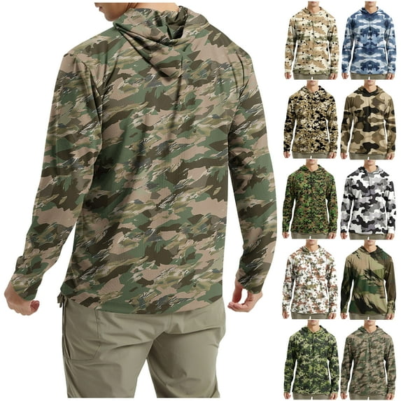 DDAPJ pyju UPF 50+ Men's Long Sleeve Hunting Shirts Lightweight Camo Hoodie Shirts for Fishing Hiking Camping Fishing Green L