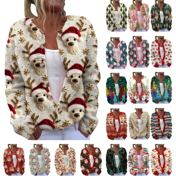 DDAPJ pyju Ugly Christmas Cardigans for Women Open Front Long Sleeve Button Down Cardigan Sweaters Soft Cozy Knit Floral Sweater Multicolor M