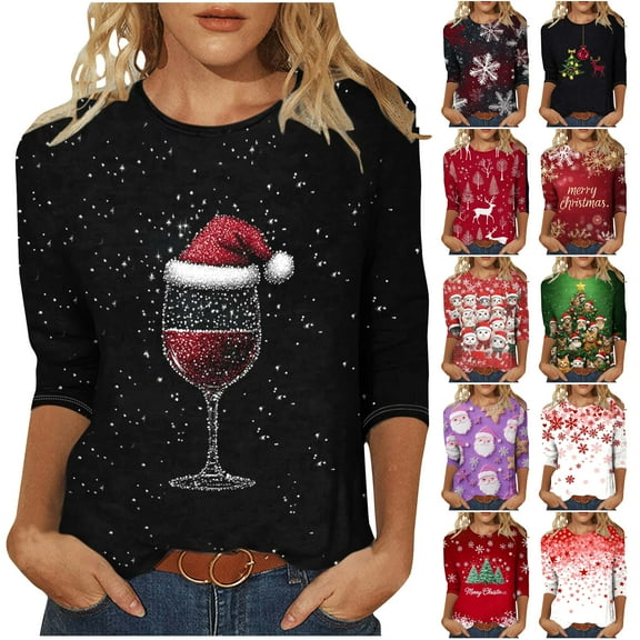DDAPJ pyju Ugly Christmas Shirts for Women Crewneck 3/4 Sleeve Wine Glass Printed T-Shirts Xmas Graphic Tees Plus Size Loose Fit Blouses Multicolor XL