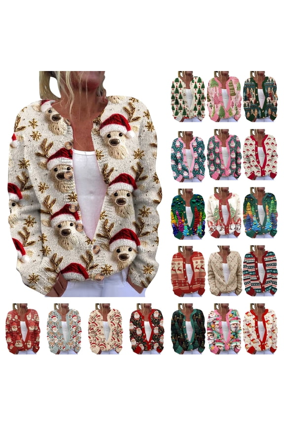 Ugly Christmas Sweaters for Women V Neck Button Down Sweater with Fun Patterns and Animals Funny Xmas Cardigan Tops Sales Today Clearance Multicolor XL
