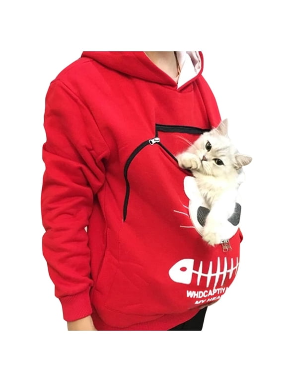 Unisex Big Pouch Hoodie,Long Sleeve Pet Carrier Hooded Sweatshirt Cat Print Casual Sweater Lightweight Drawstring Pullover Tops with Kangaroo Pocket