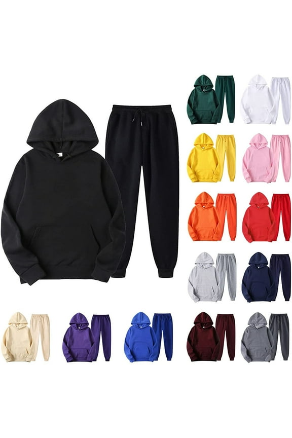 Unisex Tracksuit 2 Piece Sweatsuit Set 2025 Clearance,Solid Color Pocket Hoodie Drawstring Pants Matching Lounge Sets Running Sports Suits Fall Fashion Outfits