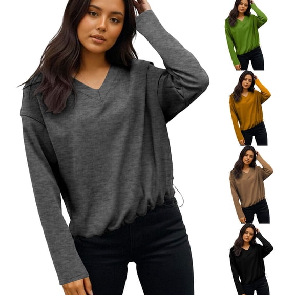 DDAPJ pyju V Neck Long Sleeve T Shirts for Women Basic Drawstring Blouse Tees Elastic Hem Spring Fall Cropped Top 2026 Trendy Black XXL