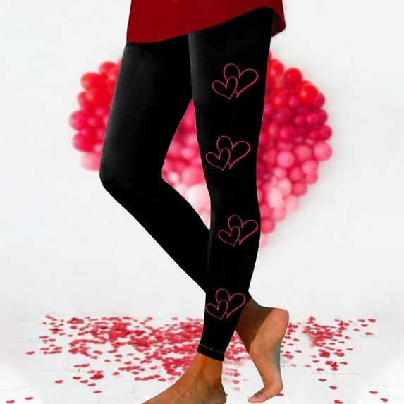 DDAPJ pyju Valentine's Day Leggings for Women Cute Heart Print Casual Tights High Waisted Stretchy Yoga Pants Buttery Soft Milk Silk Legging Holiday Bottoms Clearance Sale 2025 Black S