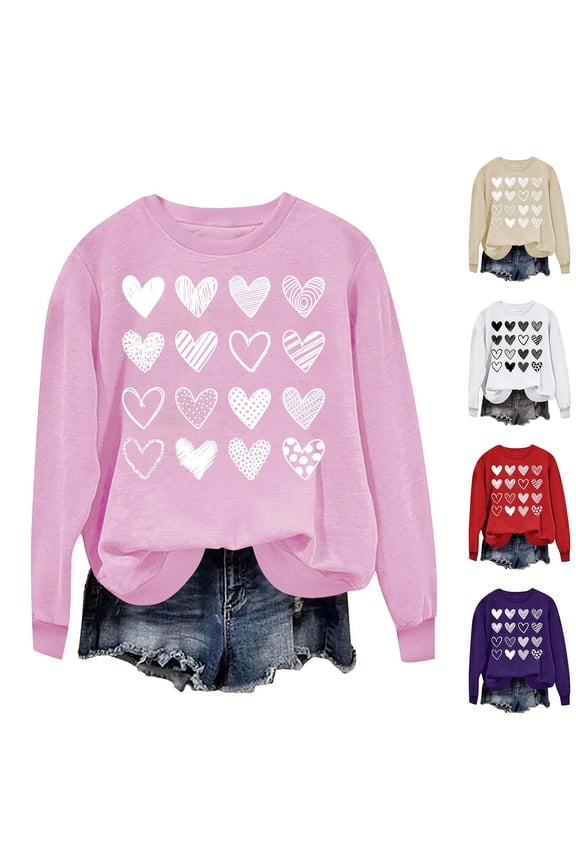 Valentine's Day Women's Sweatshirt Trendy Casual Long Sleeve Cute Printed Crewneck Pullover Tops Lightweight Holiday Jumpers Purple XS
