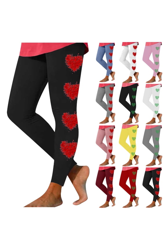 Valentines Day Leggings for Women, Cute Heart Print Casual Tights High Waisted Stretch Running Yoga Pants Casual Milk Silk Legging Black XXL