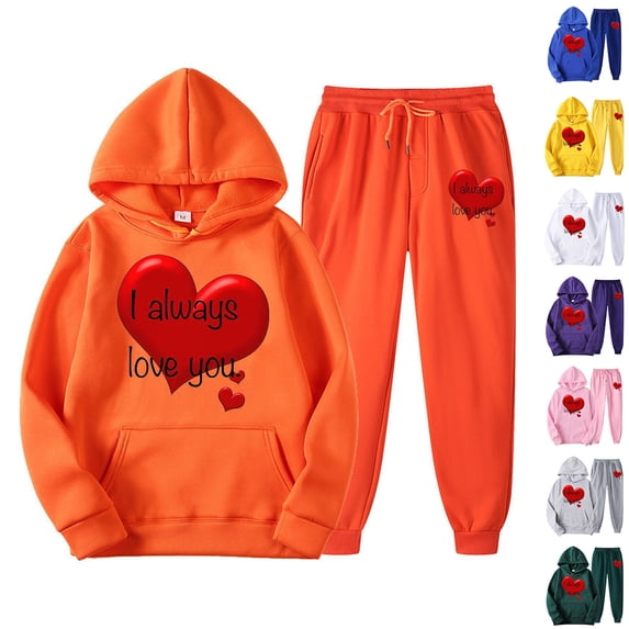 DDAPJ pyju Valentines Day Outfits for Women 2 Piece Casual Sweatsuit Oversized Letter Graphic Hoodie and Jogger Sweatpants Sets Love Heart Print Lounge Tracksuit Set Orange XXL