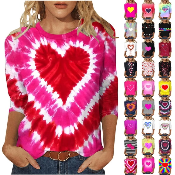 DDAPJ pyju Valentines Day Shirts for Women Love Heart Print 3/4 Sleeve Tops Crewneck Pullover Blouse Ladies Tunic Tshirt Multicolor S