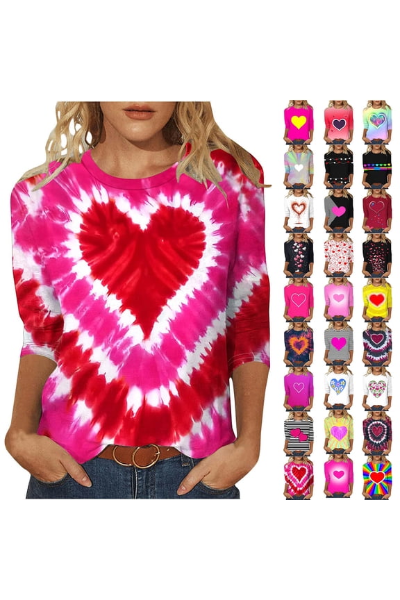 Valentines Day Shirts for Women Love Heart Print 3/4 Sleeve Tops Crewneck Pullover Blouse Ladies Tunic Tshirt Multicolor L