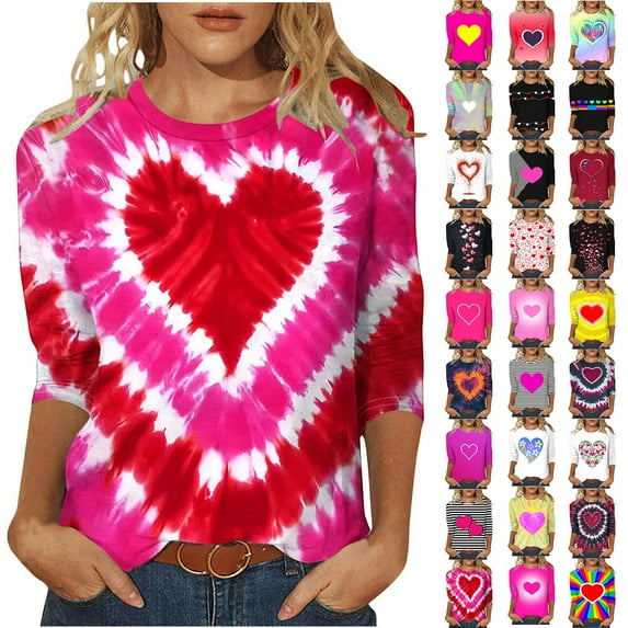 DDAPJ pyju Valentines Day Shirts for Women Love Heart Print 3/4 Sleeve Tops Loose Fit Crewneck Pullover Blouse Gifts Tunic Tshirt Multicolor XL