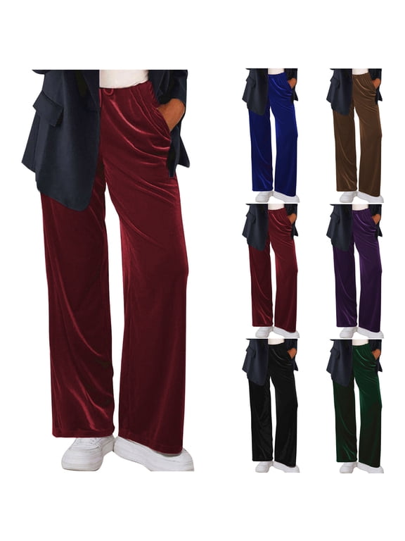Velour Pants for Women Straight-Leg High Waist Velvet Sweatpants Soft Lounge Pajama Pants with Pockets Wine S