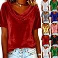 thumbnail image 1 of DDAPJ pyju Velvet Blouse for Women Short Sleeve Cowl Neck Tops Summer Casual Loose Fit Soft T Shirt Solid Color Elegant Work Shirts Blue XL, 1 of 5