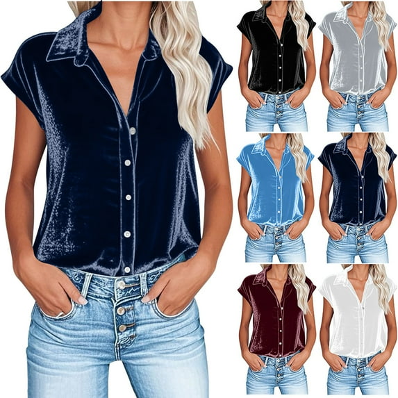 DDAPJ pyju Velvet Shirts for Women Short Sleeve Button Down Shirt Formal Party Blouse Ofertas de verano White M