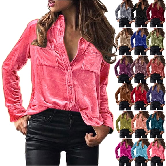 DDAPJ pyju Velvet Tops for Women Dressy Casual Long Sleeve Button Down Shirt Elegant Business Work Blouse with Two Pockets Rose Gold S