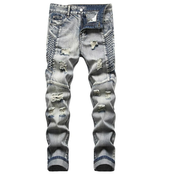DDAPJ pyju Vintage Ripped Frayed Jeans for Men Personality Patch Slim Fit Jeans Distressed Destroyed Slim Fit Jeans Lightweight Stretchy Soft Jeans