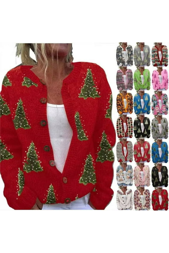 Vintage Sweaters for Women Xmas Fair Isle Graphic Knit Cardigans Ugly Button Down Long Sleeve Coats Womens Gifts for Christmas Red XXL