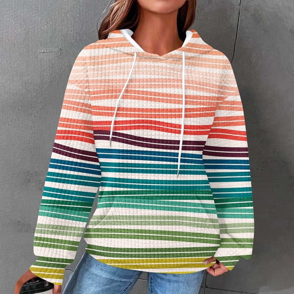 DDAPJ pyju Waffle Knit Hoodie for Women Rainbow Printed Hooded Sweatshirt Lightweight Drawstring Pullover Hoodies Loose Casual Textured Sweatshirts with Kangaroo Pocket Multicolor#4 L