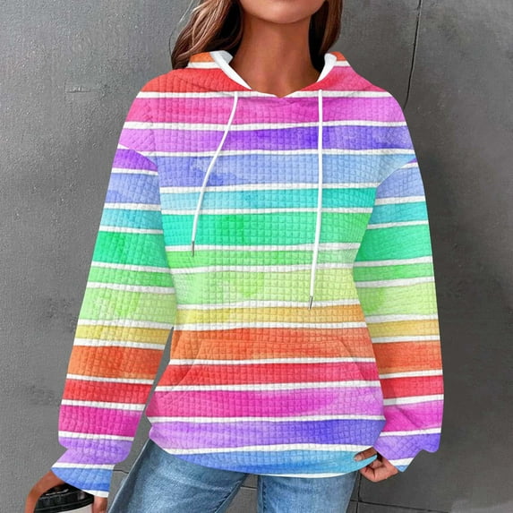 DDAPJ pyju Waffle Knit Hoodie for Women Rainbow Printed Hooded Sweatshirt Lightweight Drawstring Pullover Hoodies Loose Casual Textured Sweatshirts with Kangaroo Pocket Multicolor#3 M