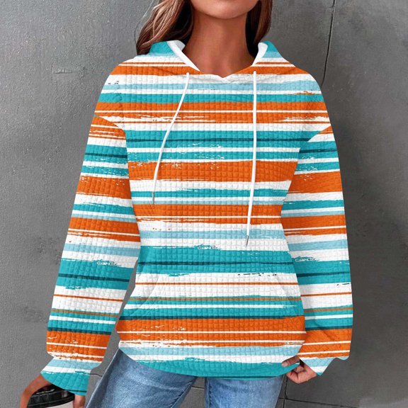 DDAPJ pyju Waffle Knit Hoodie for Women Rainbow Printed Hooded Sweatshirt Lightweight Drawstring Pullover Hoodies Loose Casual Textured Sweatshirts with Kangaroo Pocket Multicolor#5 S