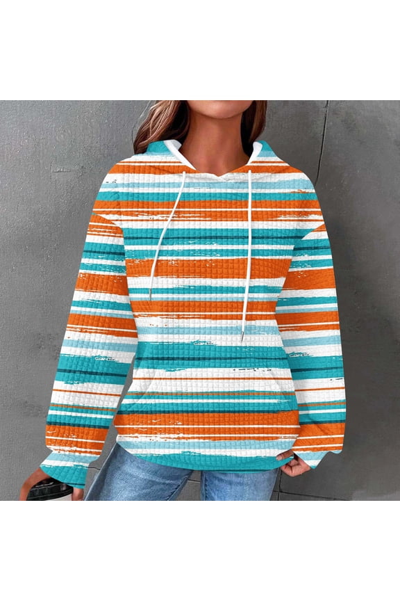Waffle Knit Hoodie for Women Rainbow Printed Hooded Sweatshirt Lightweight Drawstring Pullover Hoodies Loose Casual Textured Sweatshirts with Kangaroo Pocket Multicolor#5 M