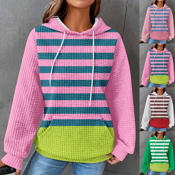 DDAPJ pyju Waffle Knit Hoodie for Women Striped Print Hooded Sweatshirt Loose Casual Drawstring Pullover Hoodies Soft Comfy Textured Sweatshirts with Kangaroo Pocket Prime Green XXL