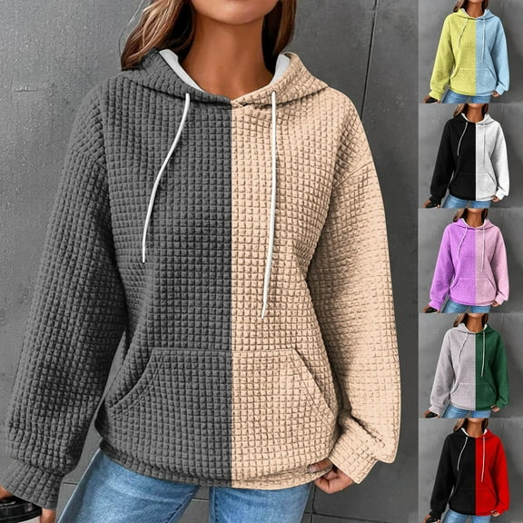 DDAPJ pyju Waffle Knit Hoodies for Women Color Block Hooded Sweatshirt Lightweight Drawstring Pullover Hoodie Loose Casual Textured Sweatshirts with Kangaroo Pocket Black XXL