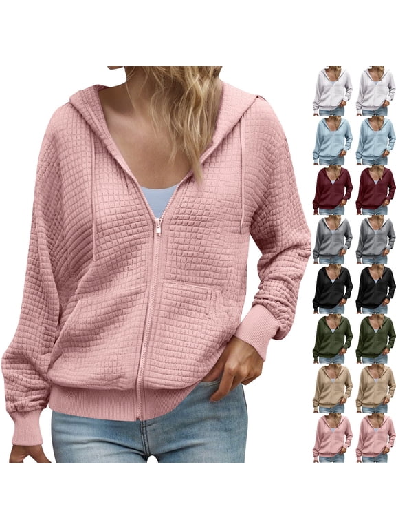 Waffle Knit Hoodies for Women Lightweight Zip Up Jacket Trendy Casual Athletic Jacket with Pockets White#fall fashion hoodies S