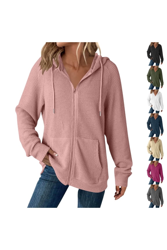 Waffle Knit Hoodies for Womens Zip Up Jackets 2025 Drawstring Fall Casual Jackets Navy M
